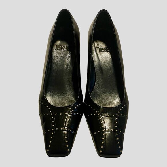 STUART WEITZMAN Black Leather Classic Square Toe Pumps Metal Stud Trim 8 B Heels - Picture 2 of 5